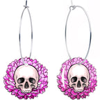 Blooming Pink Flower Skull Hoop Earrings by Onyx O by BodyCandy