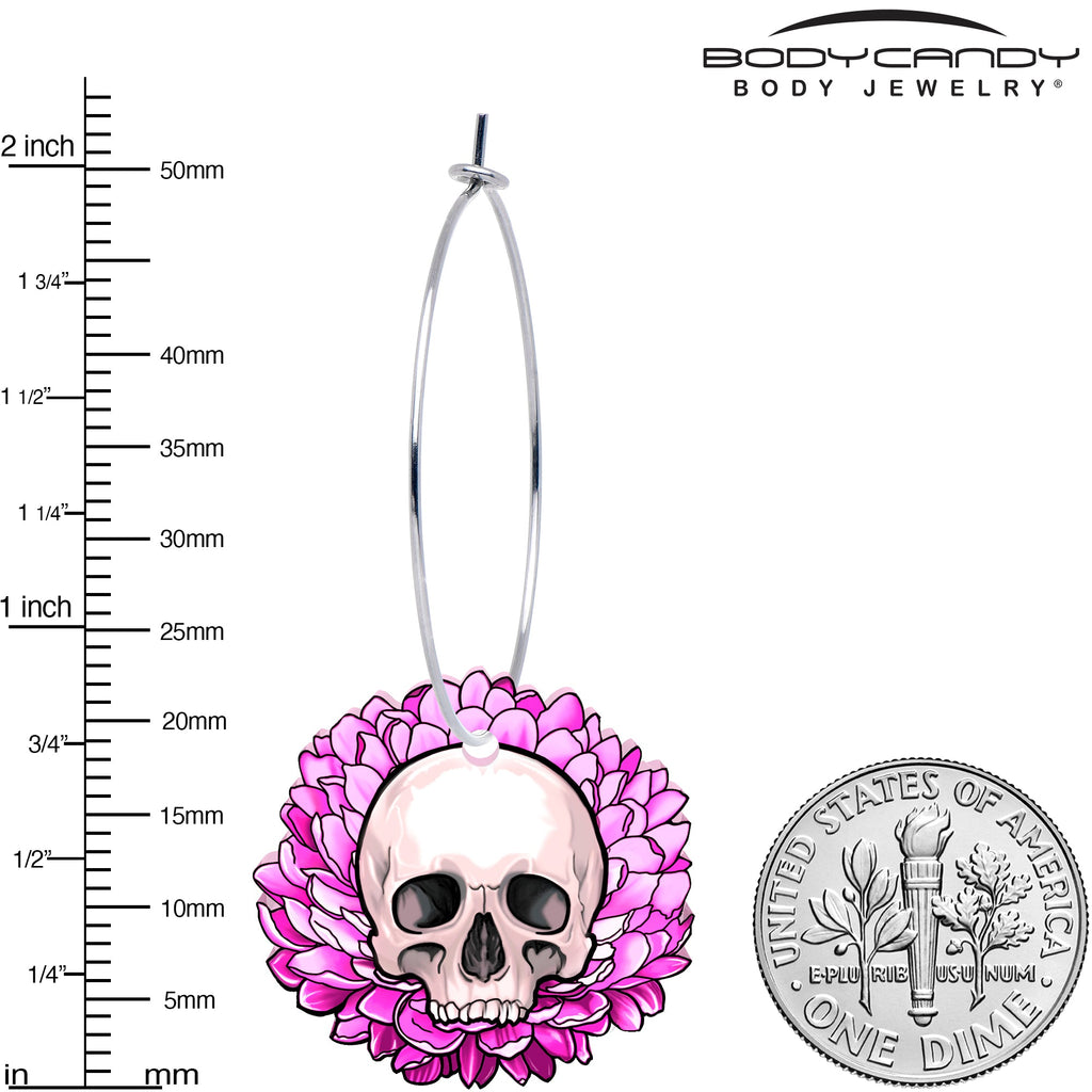Blooming Pink Flower Skull Hoop Earrings by Onyx O by BodyCandy