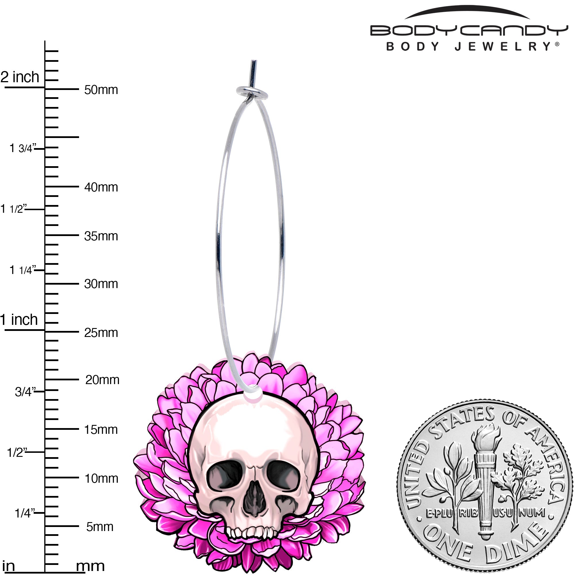 Blooming Pink Flower Skull Hoop Earrings by Onyx O by BodyCandy