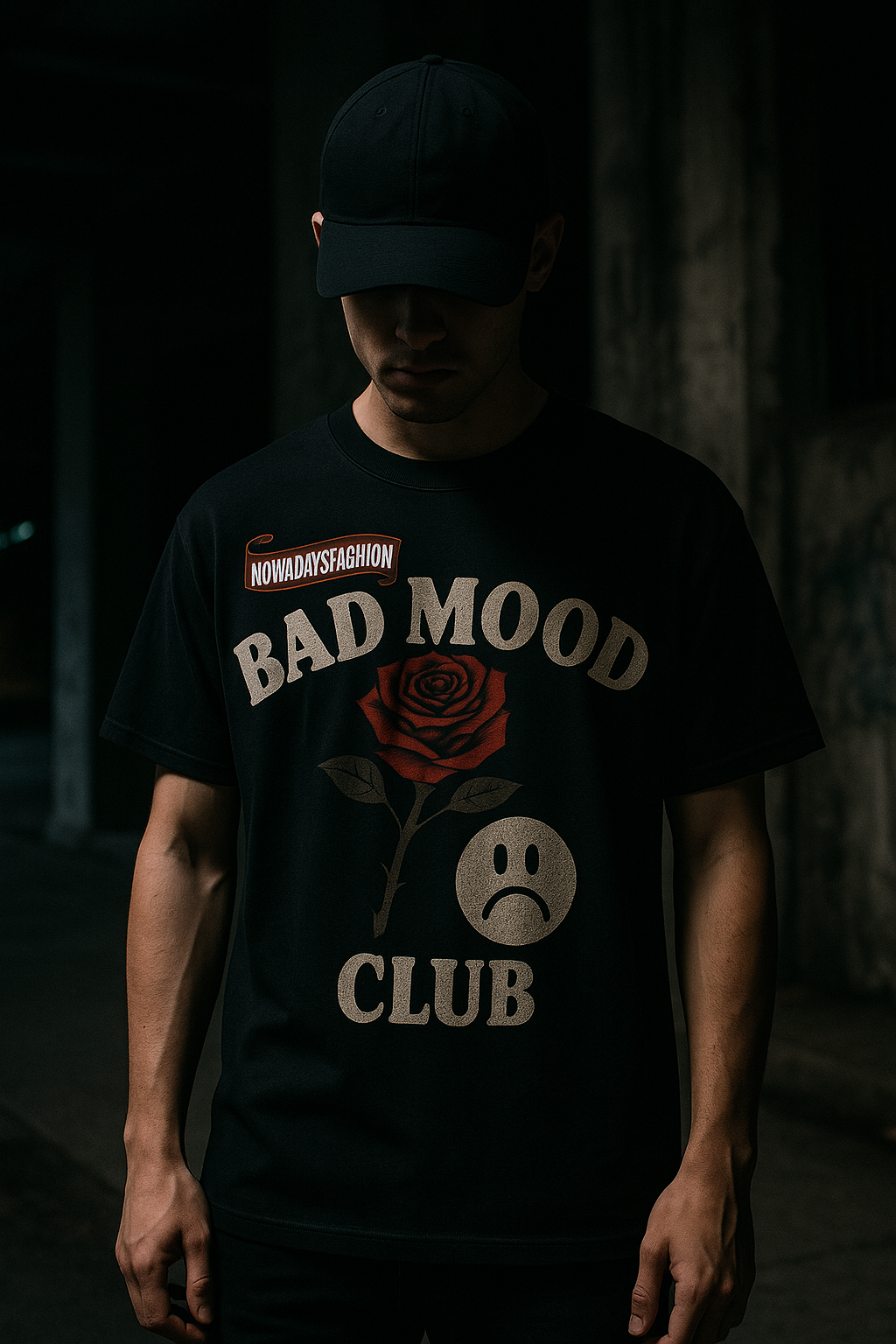 Unisex BAD MOOD CLUB Graphic T-Shirt – Sad Face & Rose Dark Streetwear Tee by nowadaysfashion