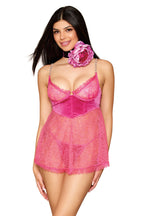 Plus Size Fuchsia Patterned Mesh and Velvet Babydoll by 3wishes.com