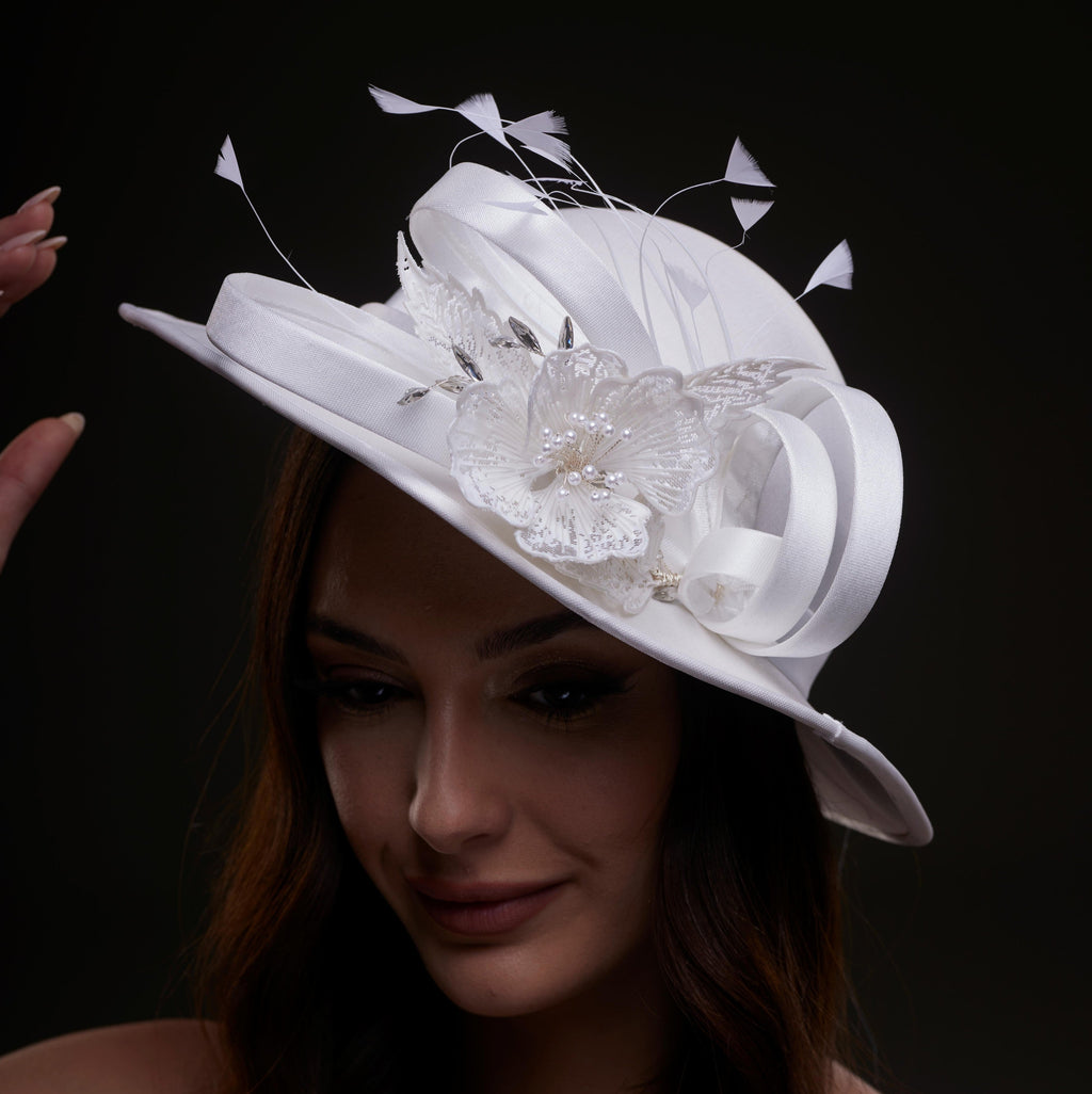 White Bridal Hat with Flower and Ribbon by Bridal Port