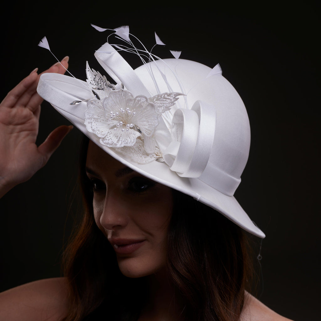 White Bridal Hat with Flower and Ribbon by Bridal Port