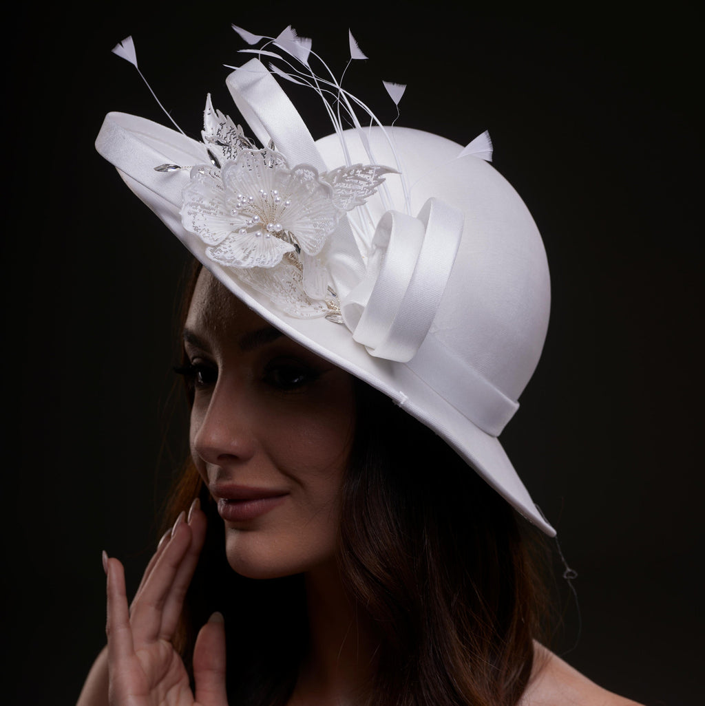 White Bridal Hat with Flower and Ribbon by Bridal Port