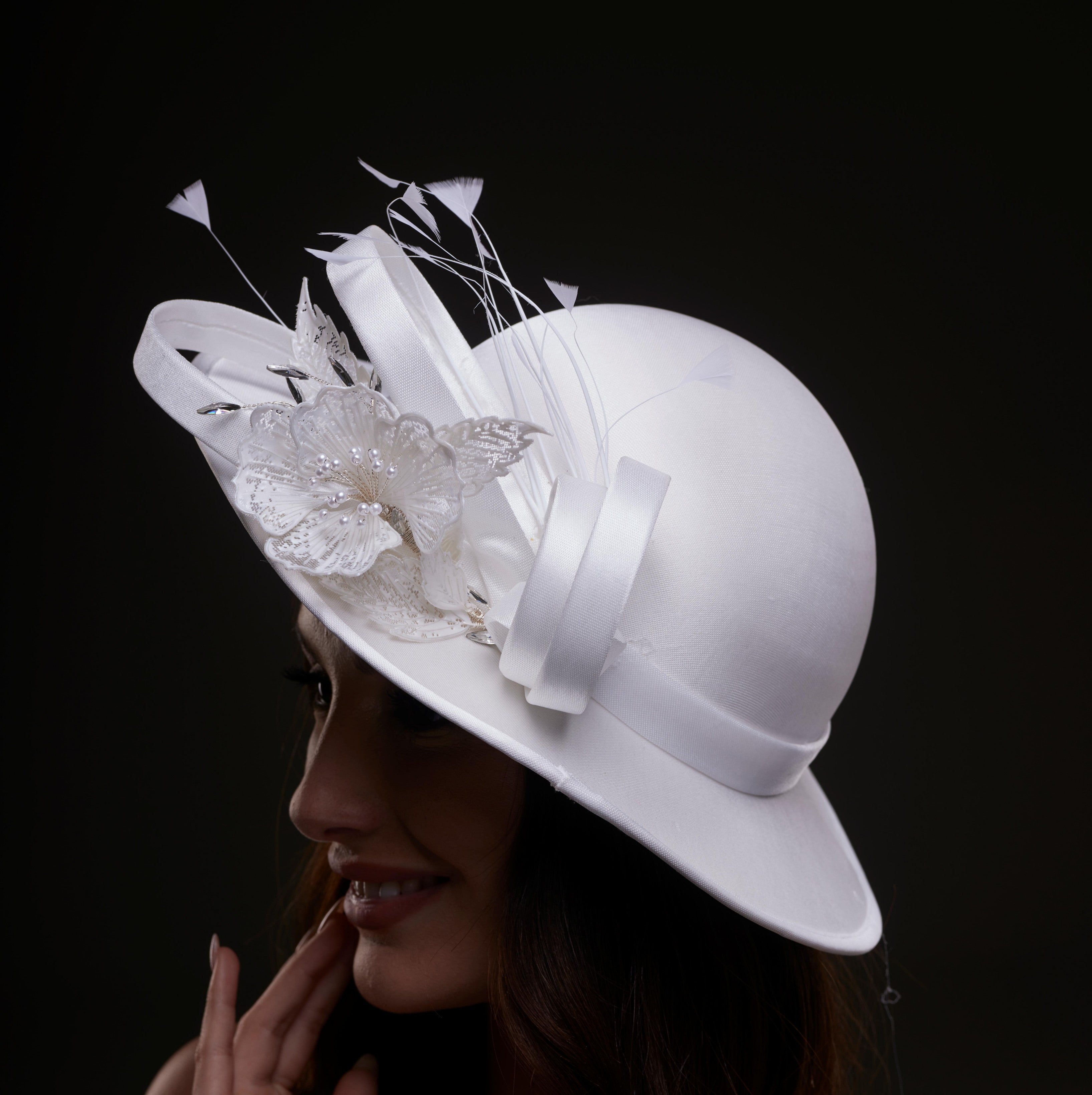 White Bridal Hat with Flower and Ribbon by Bridal Port