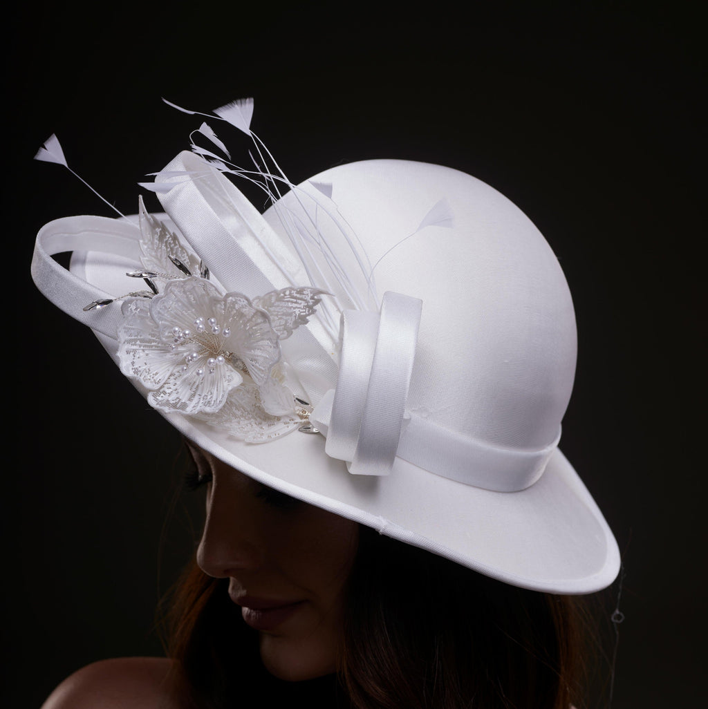 White Bridal Hat with Flower and Ribbon by Bridal Port