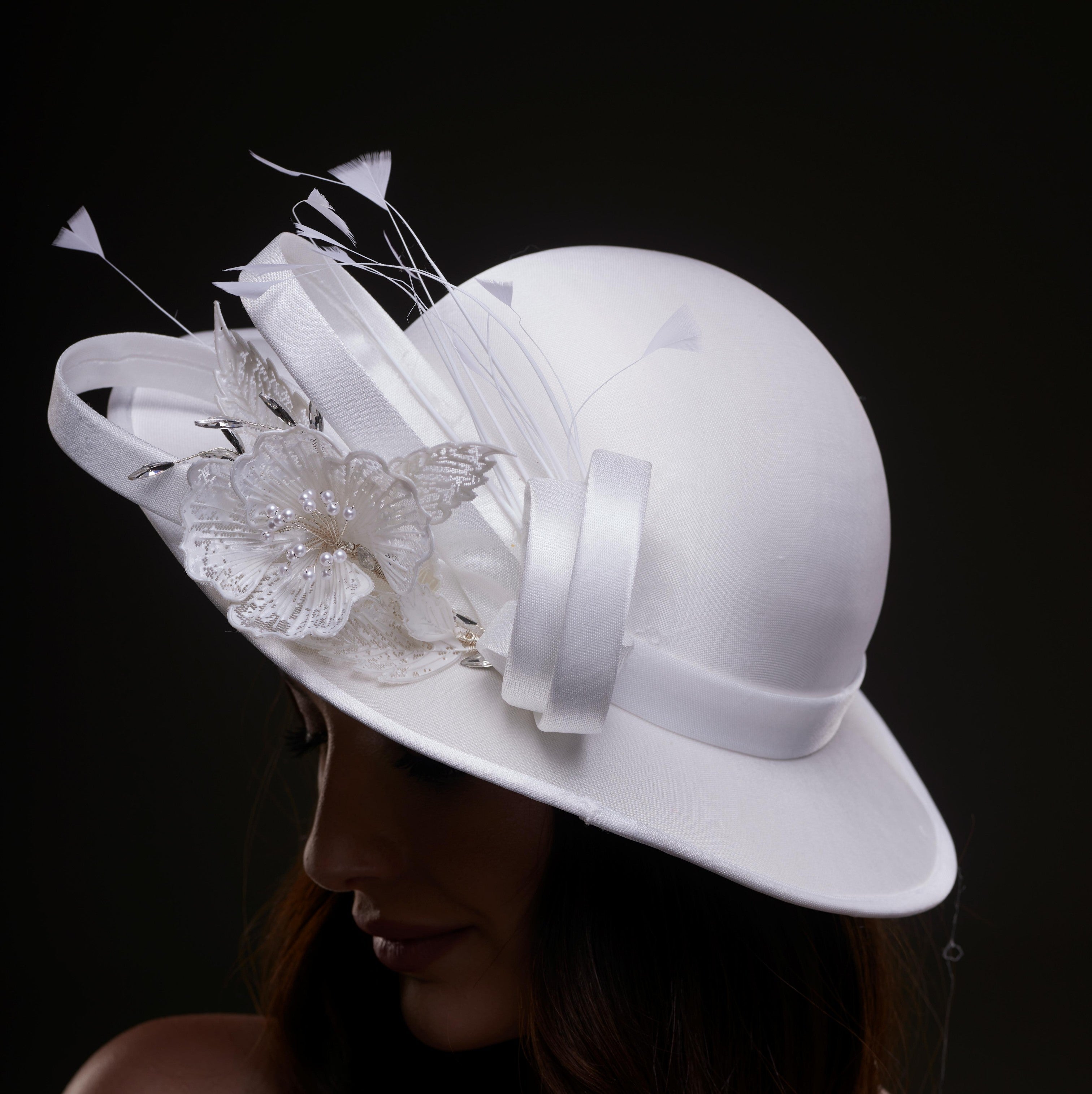 White Bridal Hat with Flower and Ribbon by Bridal Port