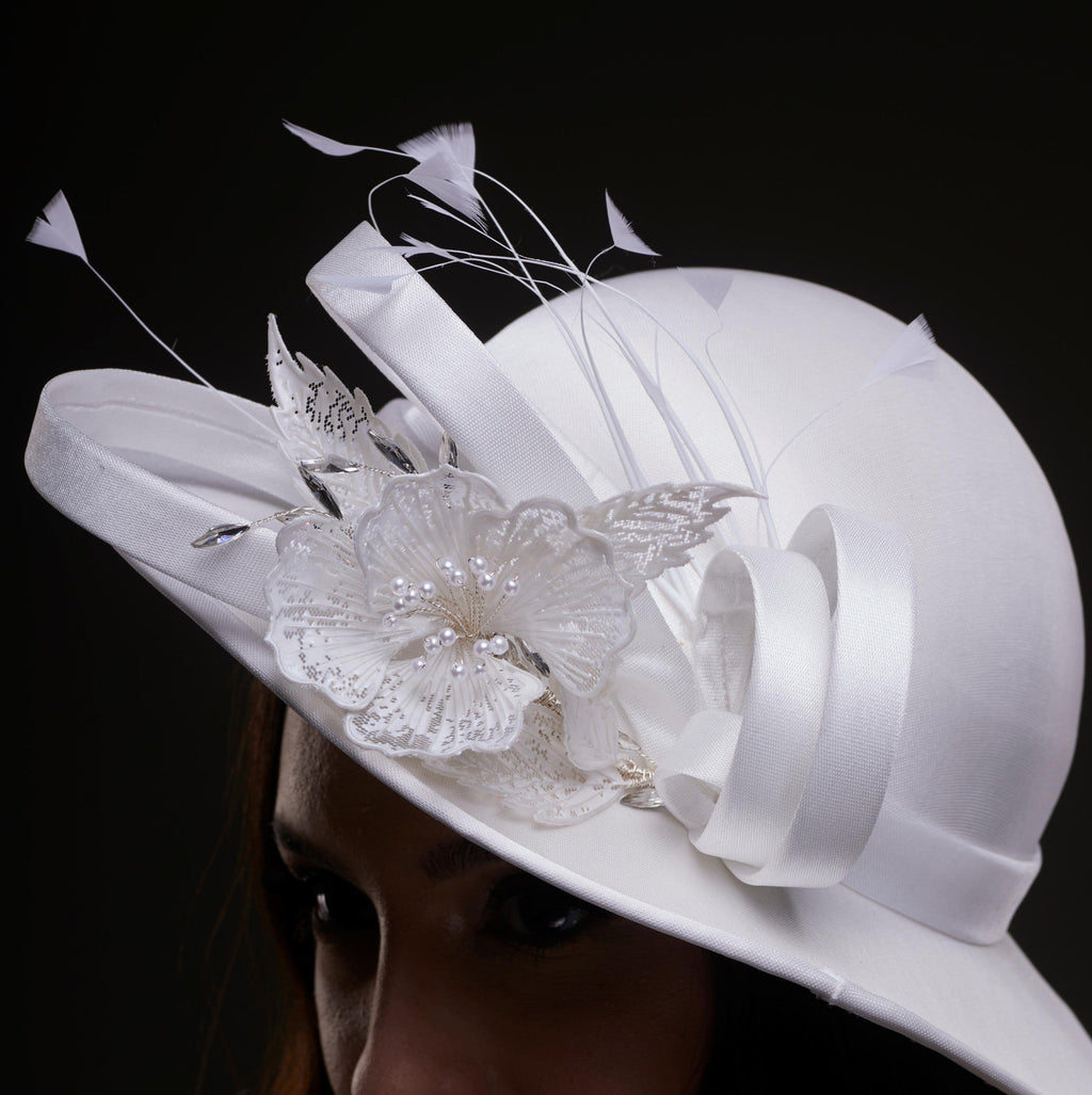 White Bridal Hat with Flower and Ribbon by Bridal Port