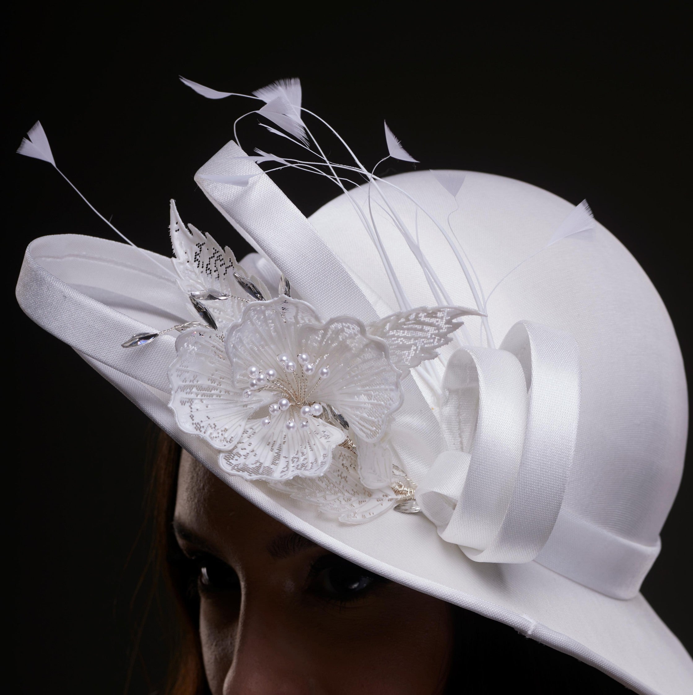 White Bridal Hat with Flower and Ribbon by Bridal Port