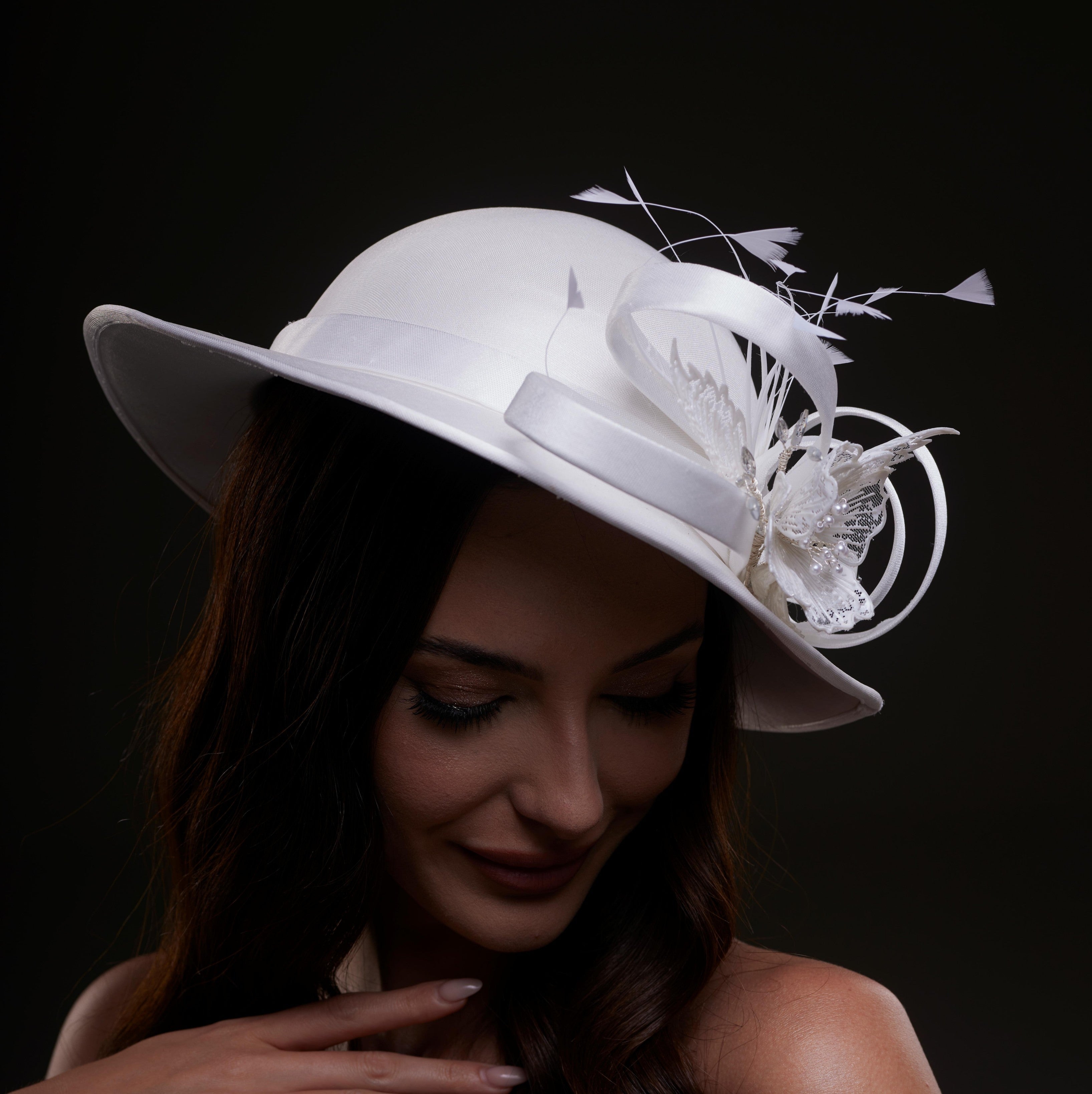 White Bridal Hat with Flower and Ribbon by Bridal Port