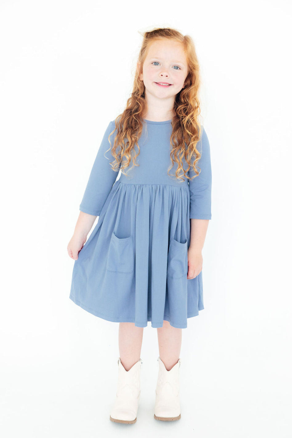 Dusty Blue 3/4 Sleeve Pocket Twirl Dress by Mila & Rose ®