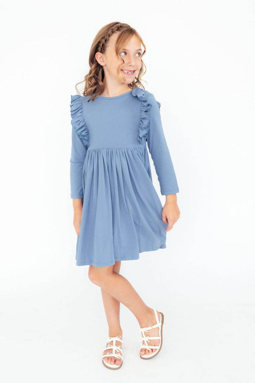 Dusty Blue L/S Ruffle Twirl Dress by Mila & Rose ®
