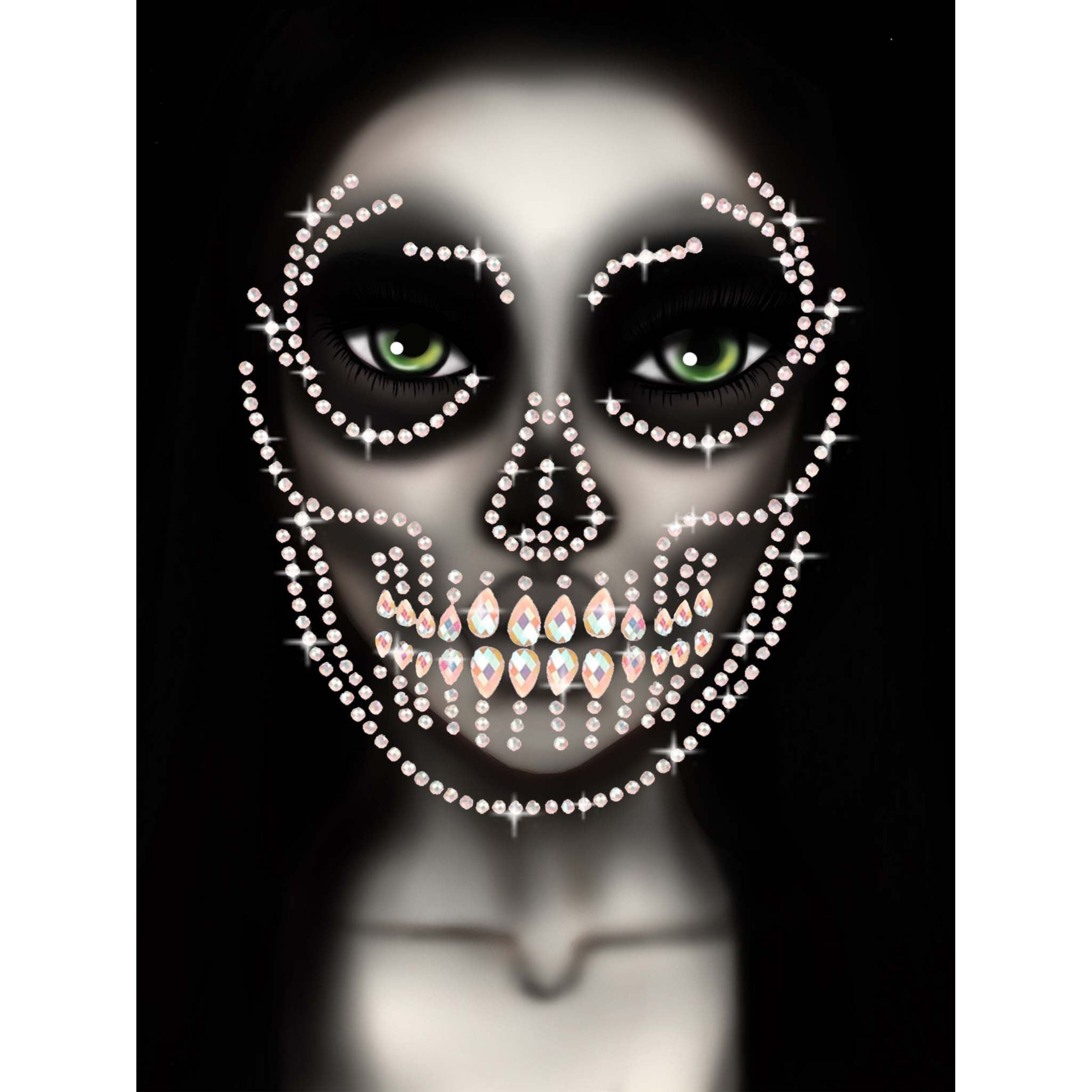 Glow in the Dark Skull Face Jewels Sticker forms rhinestone skull over a face with green eyes