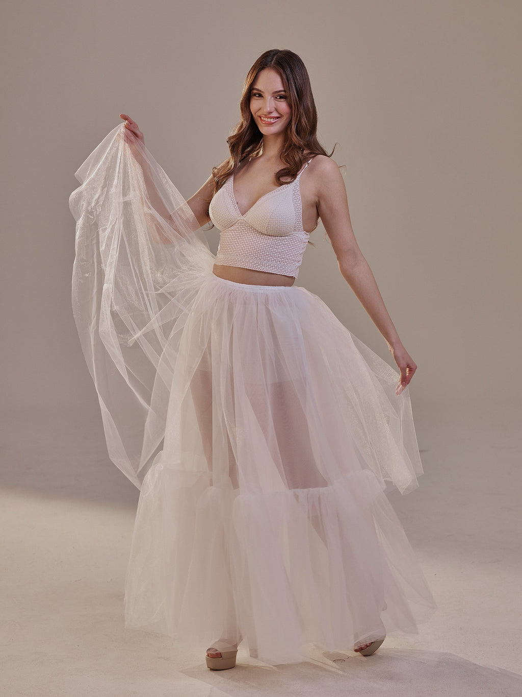 Elegant Double Tulle Skirt , Double Layer Soft White Tulle Skirt for Women, Sheer Maxi Overskirt by Bridal Port
