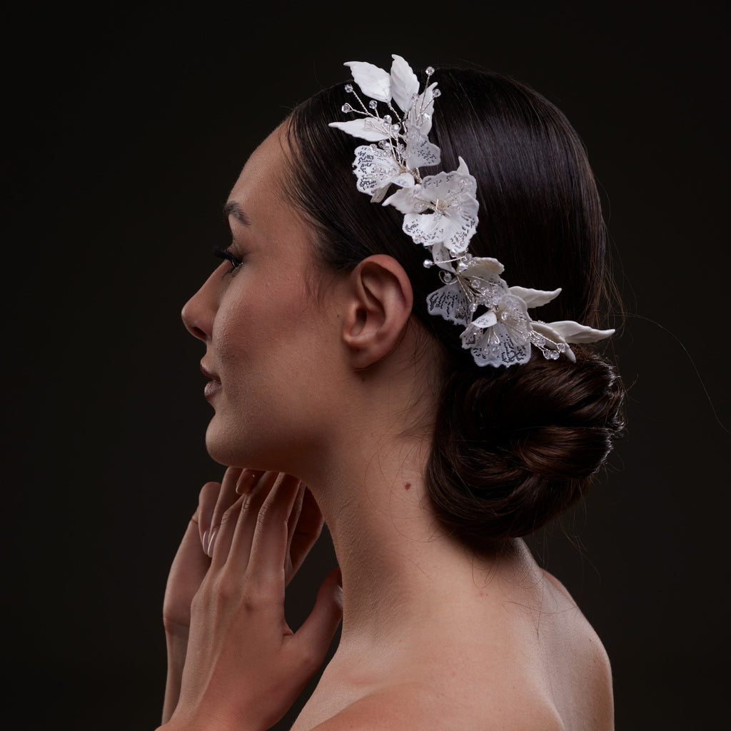 Elegant White Flower & Bead Bridal Hair Comb by Bridal Port