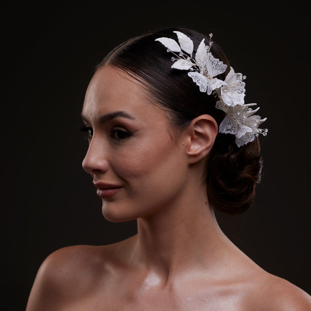 Elegant White Flower & Bead Bridal Hair Comb by Bridal Port