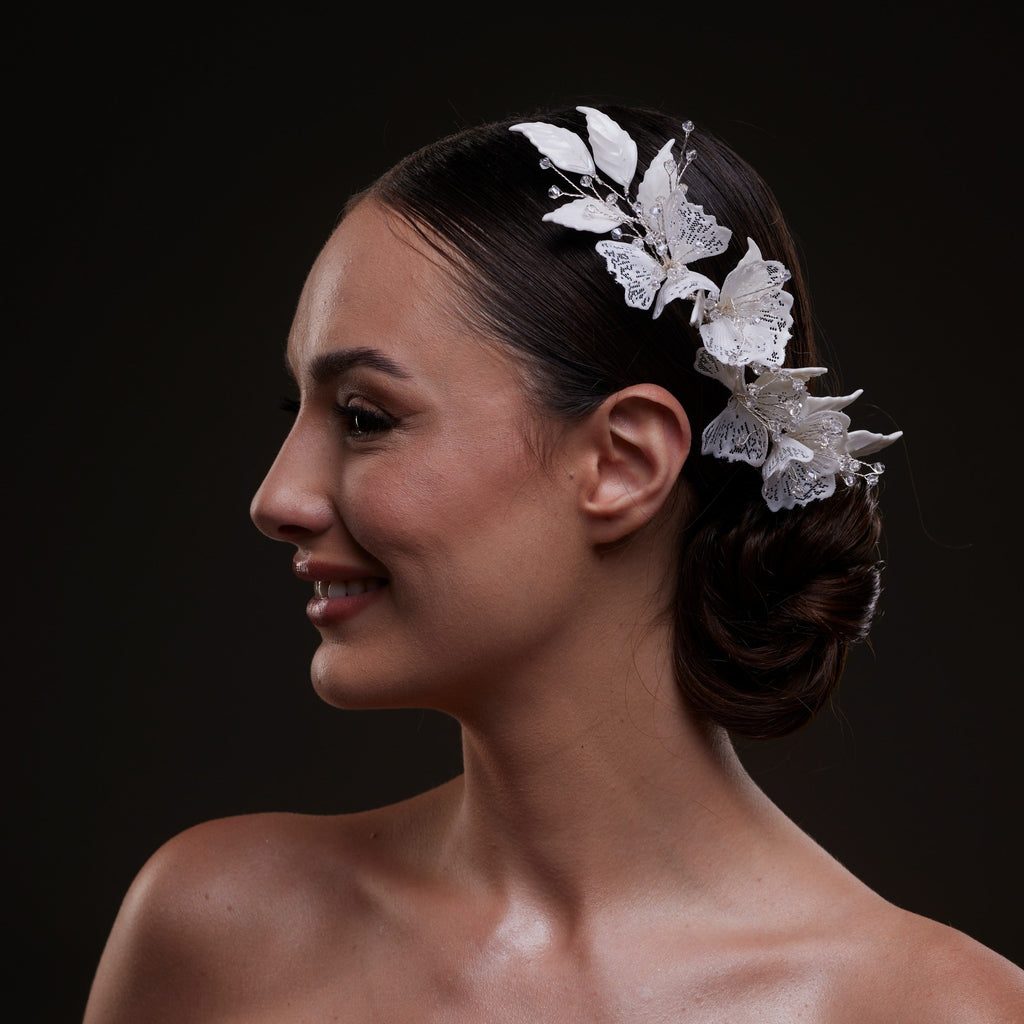 Elegant White Flower & Bead Bridal Hair Comb by Bridal Port
