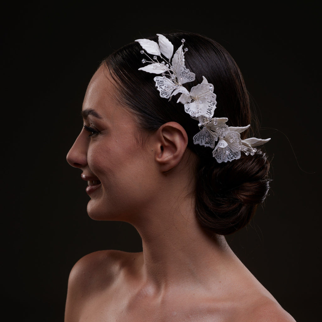 Elegant White Flower & Bead Bridal Hair Comb by Bridal Port