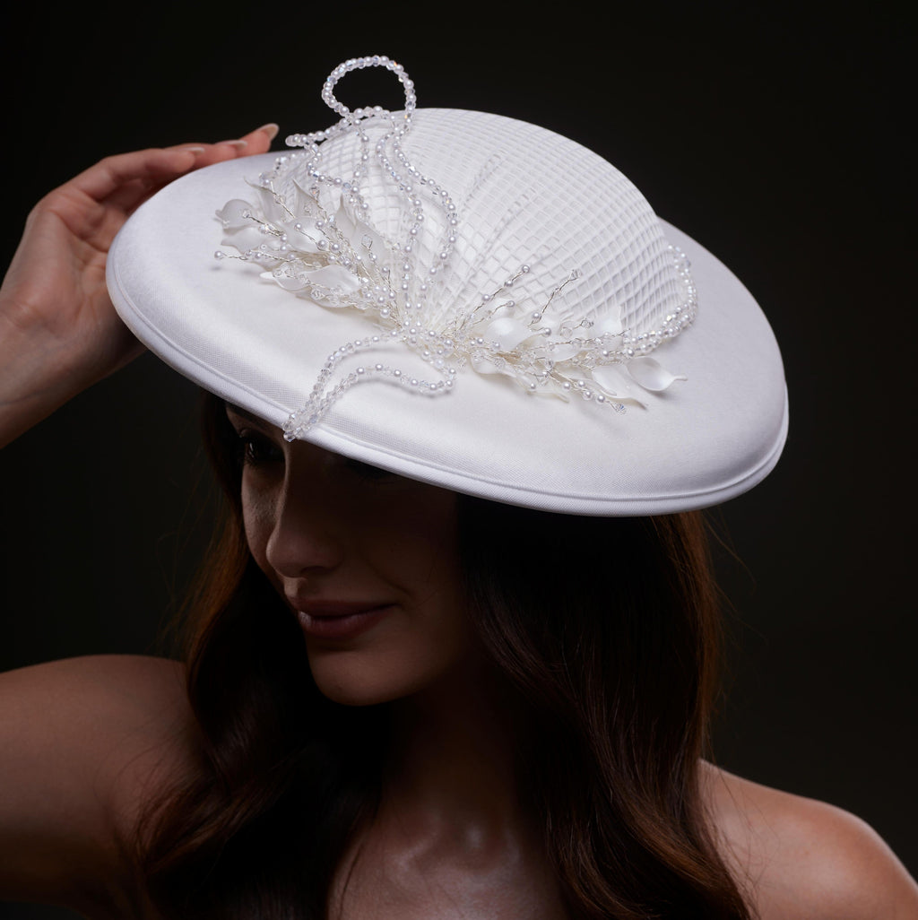 Elegant White Bridal Hat with Beaded Flower Detail by Bridal Port