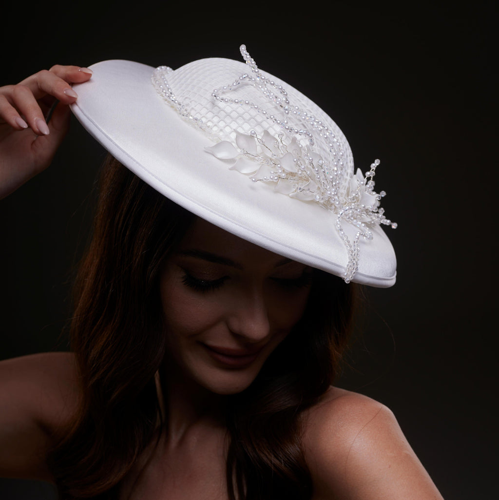 Elegant White Bridal Hat with Beaded Flower Detail by Bridal Port
