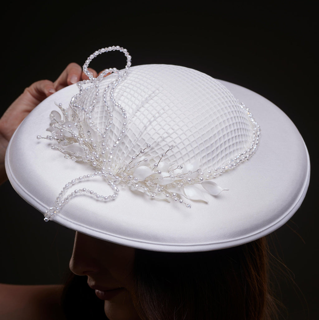 Elegant White Bridal Hat with Beaded Flower Detail by Bridal Port