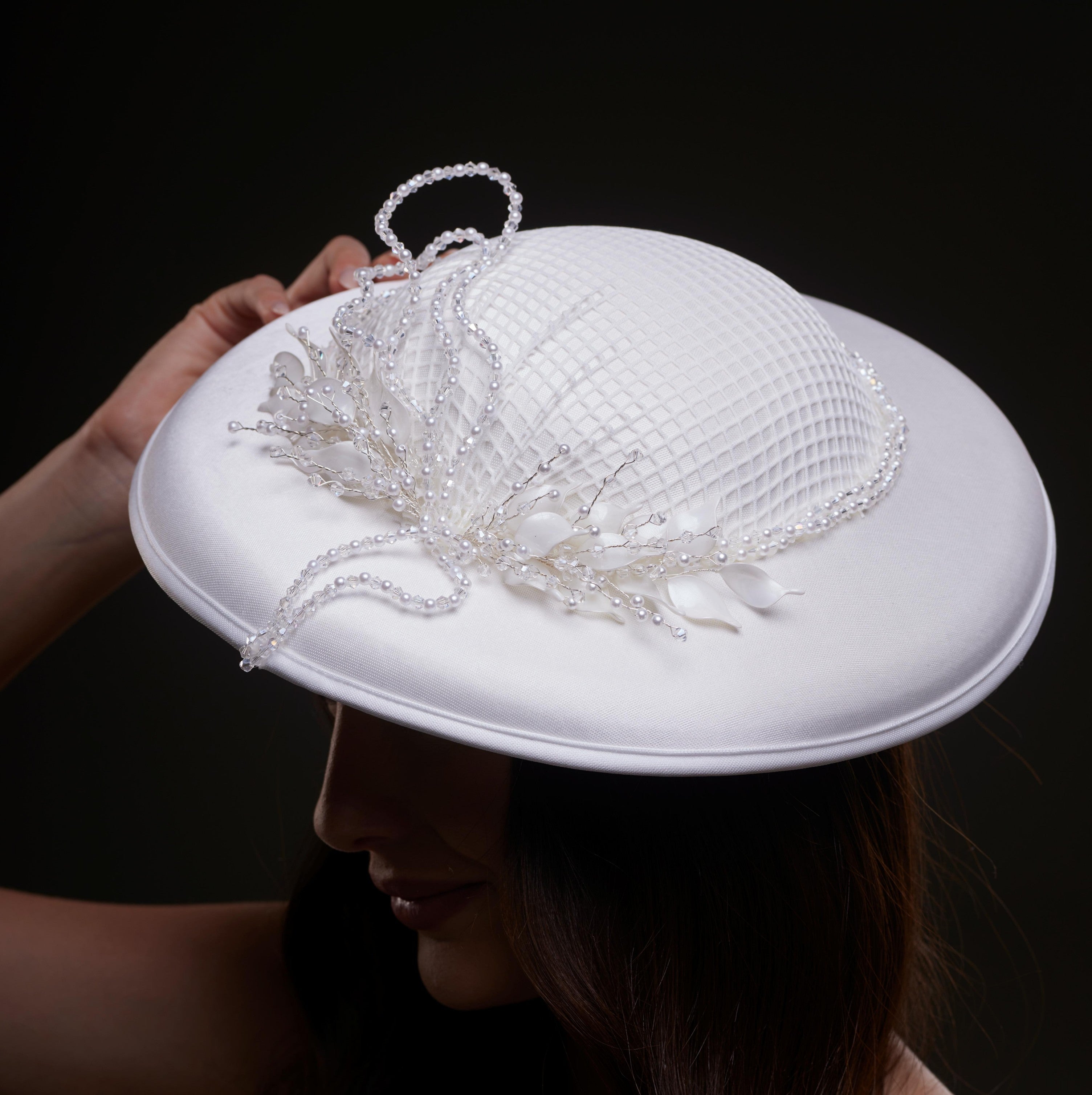 Elegant White Bridal Hat with Beaded Flower Detail by Bridal Port