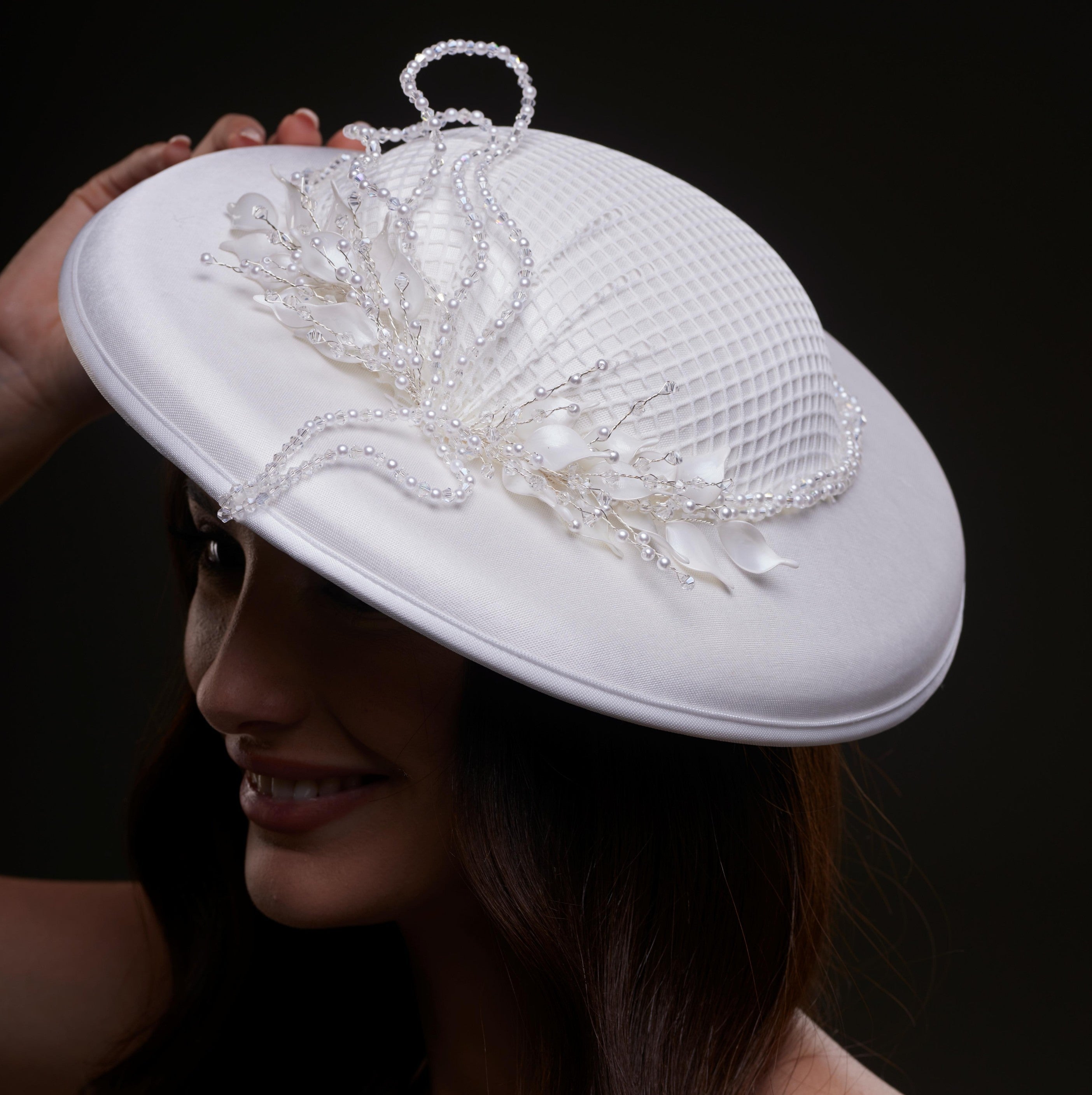 Elegant White Bridal Hat with Beaded Flower Detail by Bridal Port