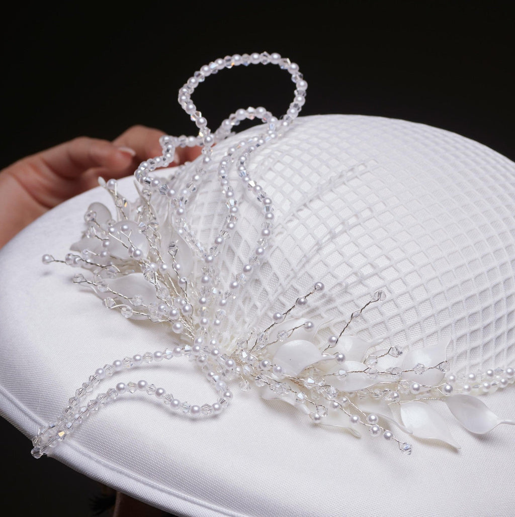 Elegant White Bridal Hat with Beaded Flower Detail by Bridal Port