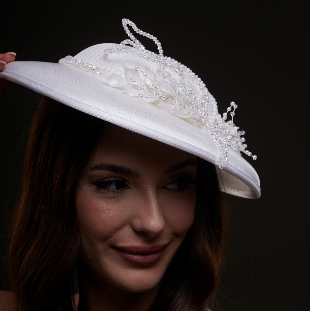 Elegant White Bridal Hat with Beaded Flower Detail by Bridal Port