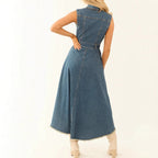 Women's Sleeveless Denim Midi Dress – Irregular Hem Button-Front by FitiqueFit