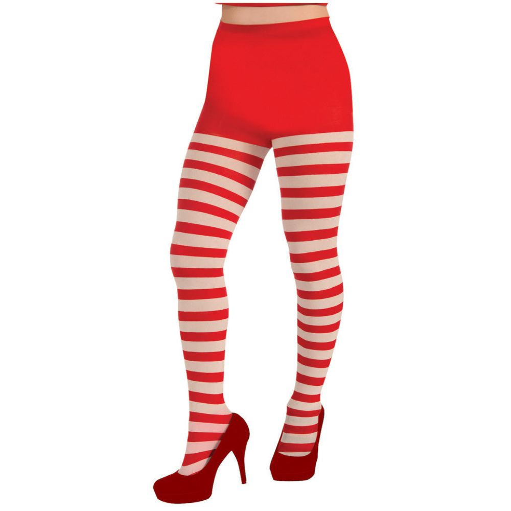 Forum Novelties Women's Adult Christmas Striped Tights with red top and white-red stripes, one size.
