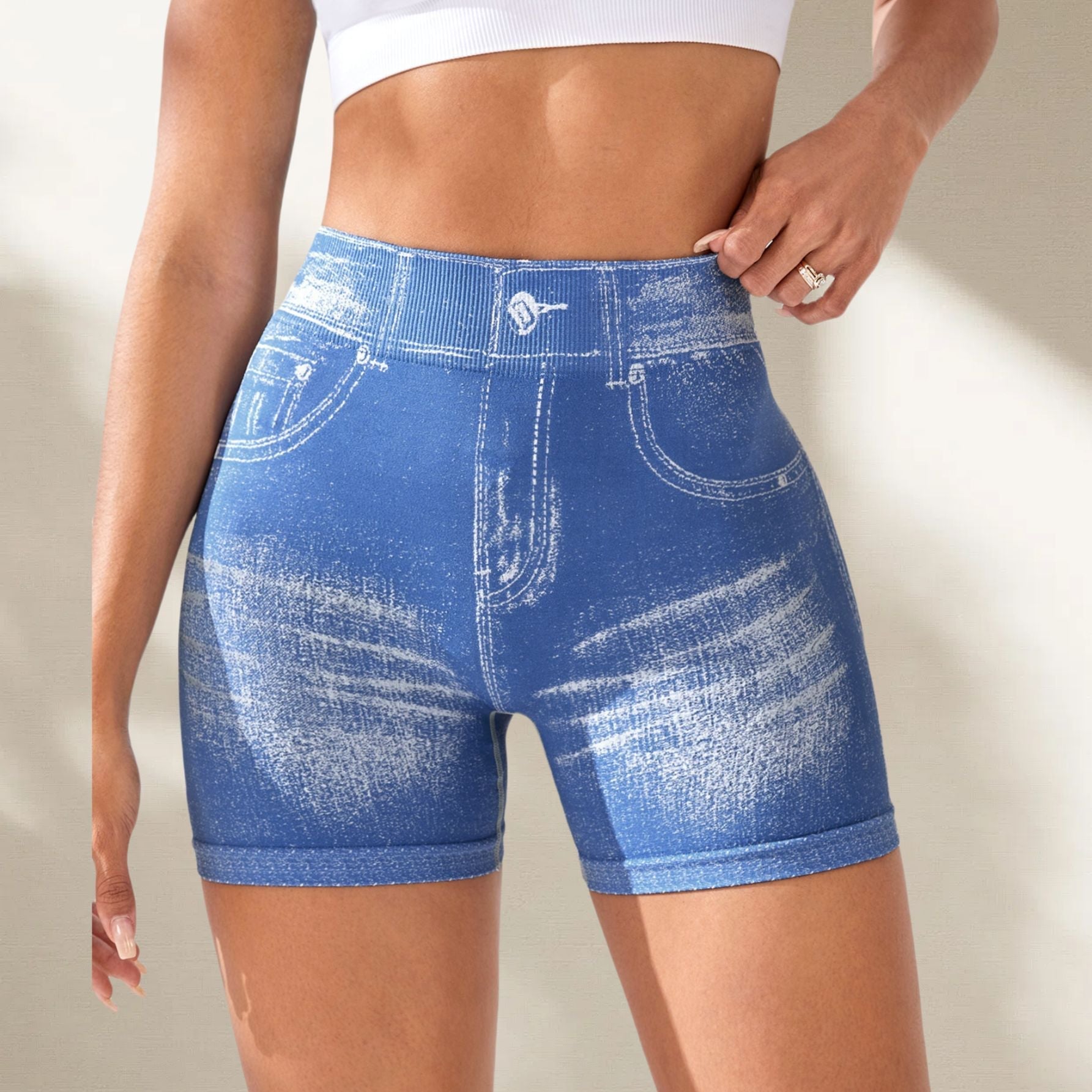 Seamless Denim-Look Yoga Shorts – Back V-Waist Hip-Lifting by FitiqueFit