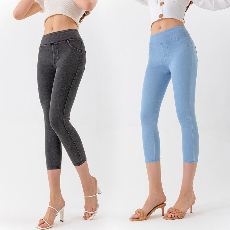 Denim-Look Capri Yoga Pants – Slim Fit High-Elastic Tummy Control Fitness Pants by FitiqueFit