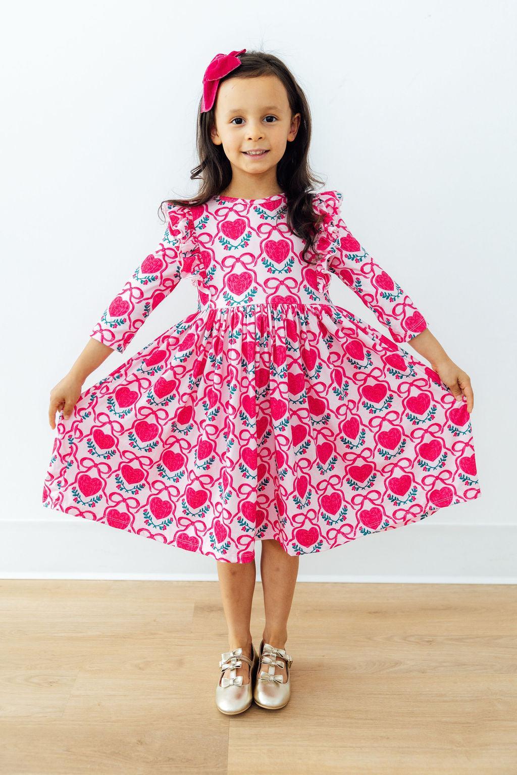 Fluttering Hearts 3/4 Sleeve Ruffle Twirl Dress by Mila & Rose ®
