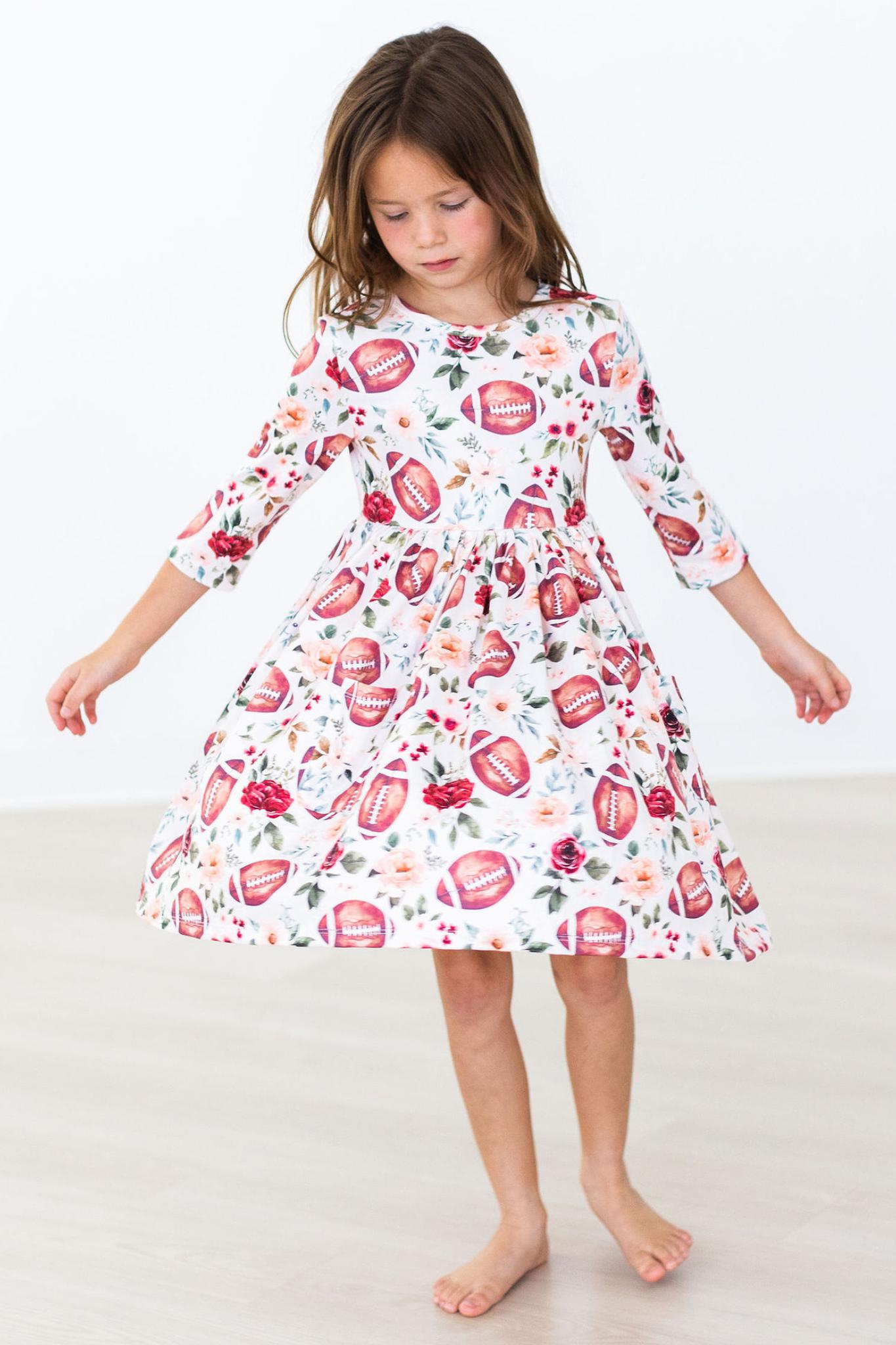 Footballs & Flowers 3/4 Sleeve Pocket Twirl Dress by Mila & Rose ®