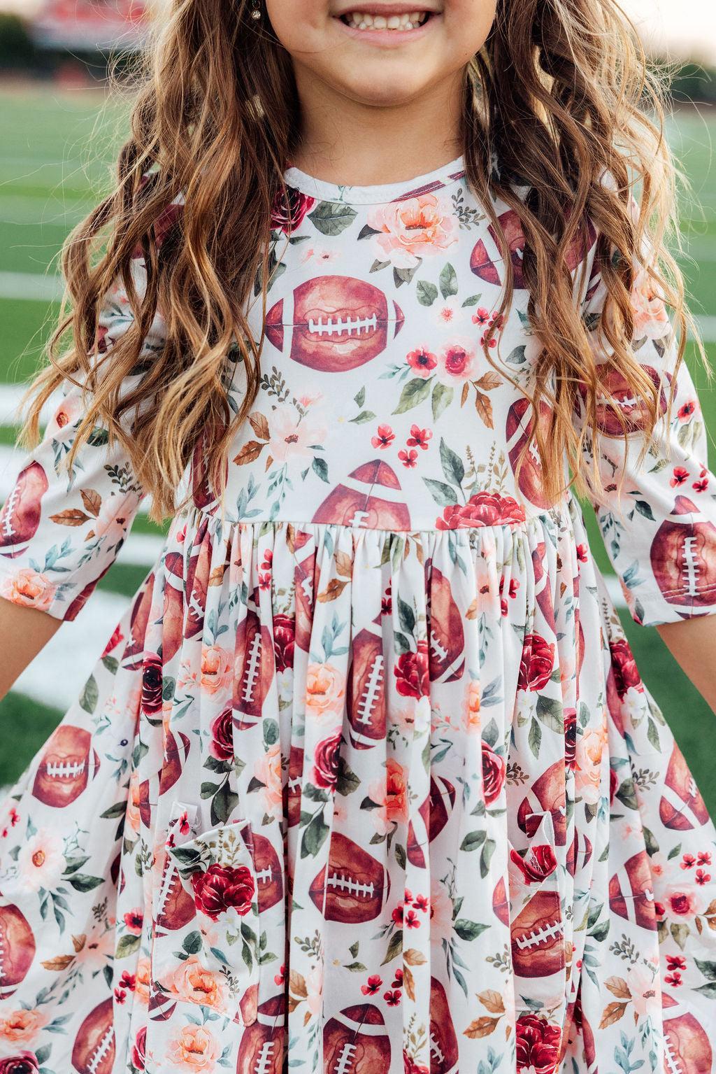 Footballs & Flowers 3/4 Sleeve Pocket Twirl Dress by Mila & Rose ®