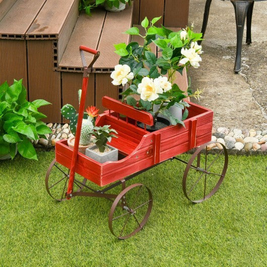 Wooden Wagon Plant Bed With Wheel for Garden Yard-Red by LuxuryLifeWay Online Store