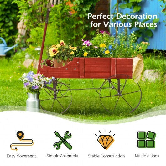 Wooden Wagon Plant Bed With Wheel for Garden Yard-Red by LuxuryLifeWay Online Store