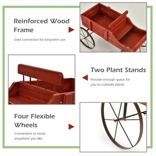 Wooden Wagon Plant Bed With Wheel for Garden Yard-Red by LuxuryLifeWay Online Store
