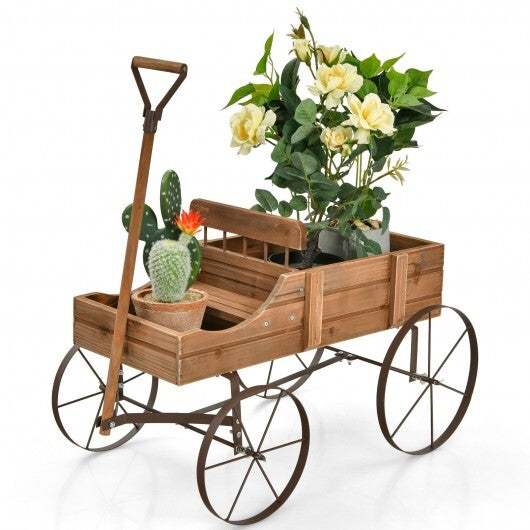 Wooden Wagon Plant Bed With Wheel for Garden Yard-Red by LuxuryLifeWay Online Store