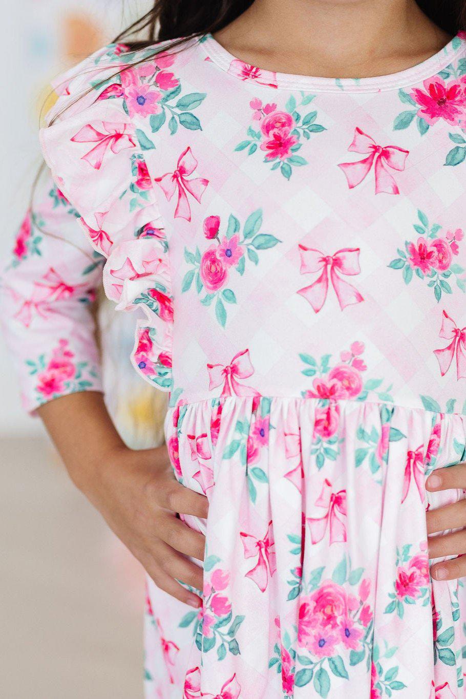 Gingham Bows 3/4 Sleeve Ruffle Twirl Dress by Mila & Rose ®