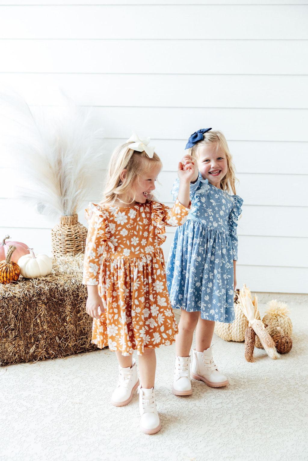 Golden Blooms 3/4 Sleeve Ruffle Twirl Dress by Mila & Rose ®