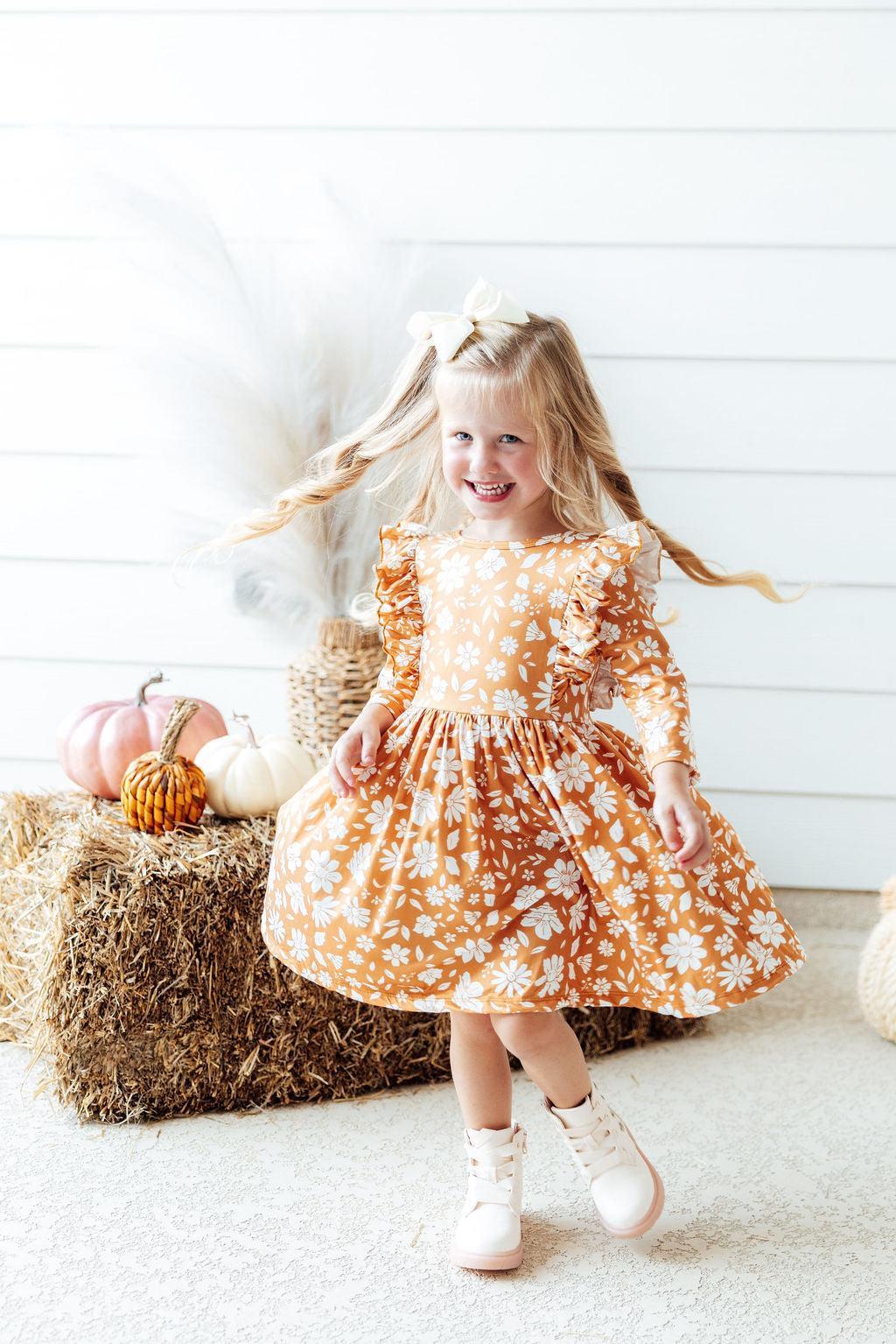 Golden Blooms 3/4 Sleeve Ruffle Twirl Dress by Mila & Rose ®