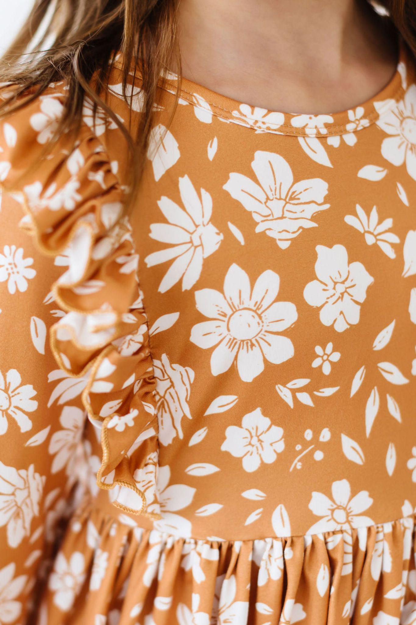 Golden Blooms 3/4 Sleeve Ruffle Twirl Dress by Mila & Rose ®