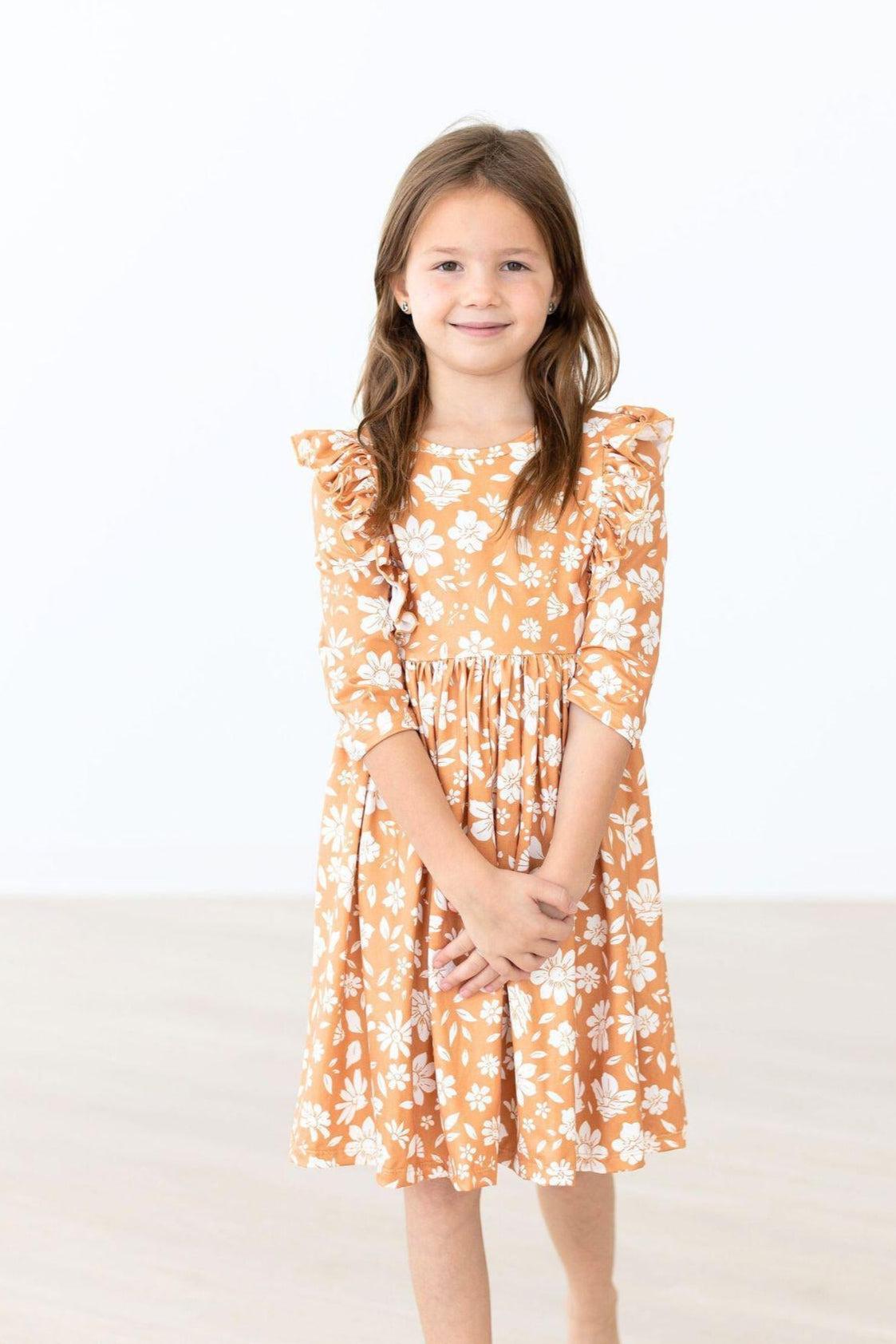 Golden Blooms 3/4 Sleeve Ruffle Twirl Dress by Mila & Rose ®