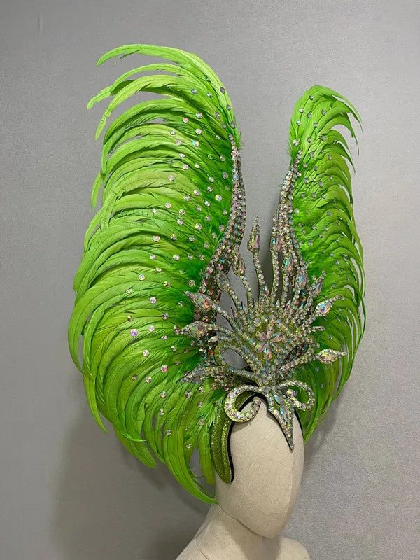 The Stardust Vertigo – Emerald Green Feathered Carnival & Samba Headdress by Stardust Starlets