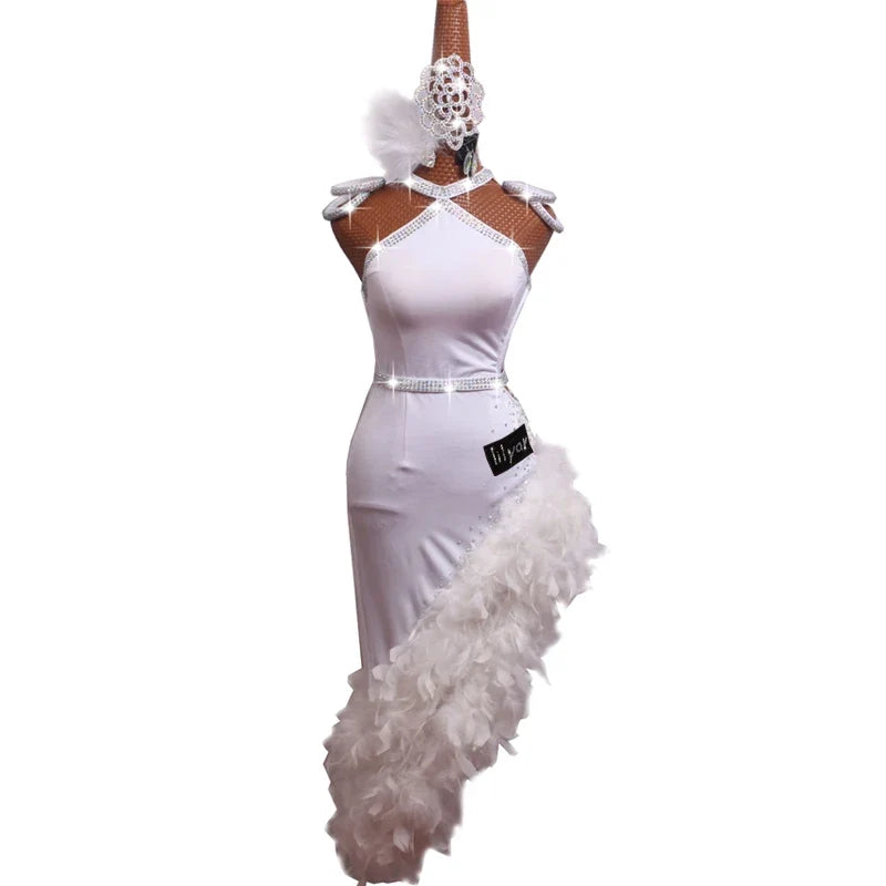 The Stardust Swan Queen – White Feathered Embroidered Latin Dance Competition Dress Set by Stardust Starlets