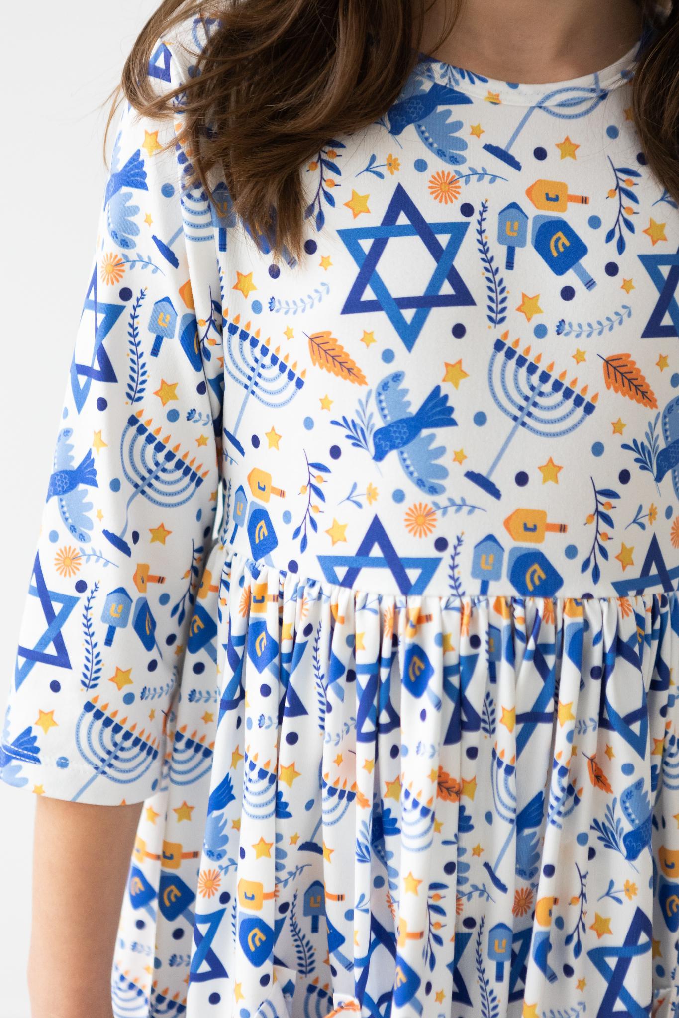 Happy Hanukkah 3/4 Sleeve Pocket Twirl Dress by Mila & Rose ®