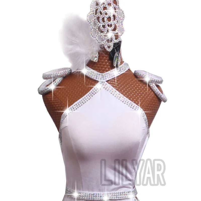 The Stardust Swan Queen – White Feathered Embroidered Latin Dance Competition Dress Set by Stardust Starlets