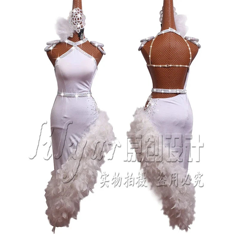 The Stardust Swan Queen – White Feathered Embroidered Latin Dance Competition Dress Set by Stardust Starlets